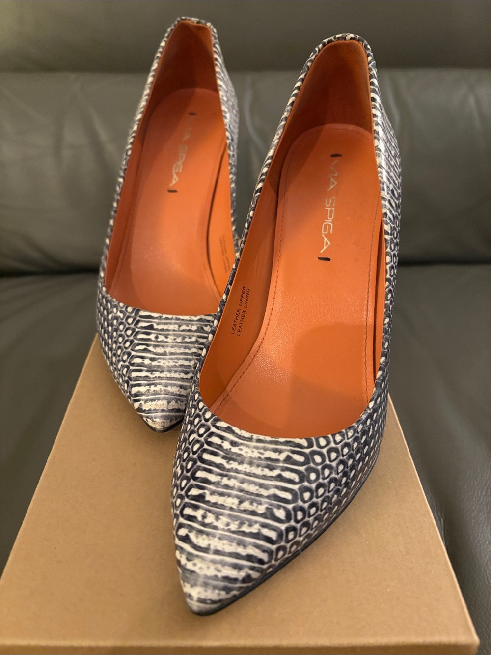 Via Spiga Black Snake-Print Pointed Pumps with Orange Interior